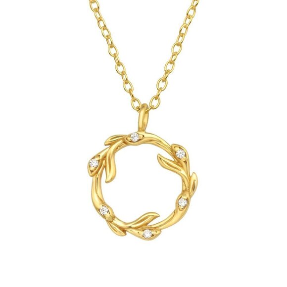 14k Gold Sterling Silver Round Wreath Pedant Necklace - Picture 1 of 17